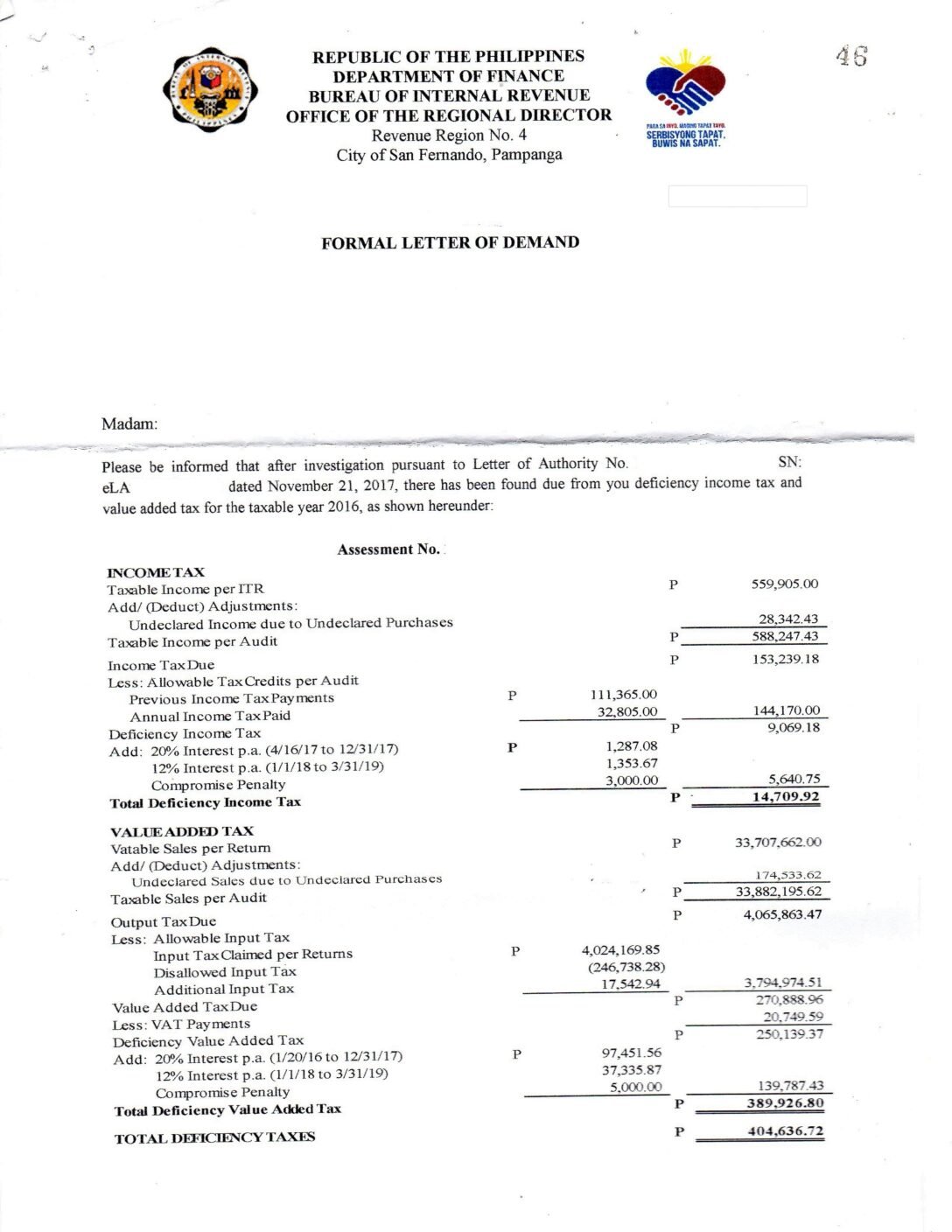 Final Assessment Notice (FAN)