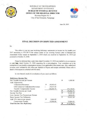 Final Decision on Disputed Assessment Notice (FDDA)